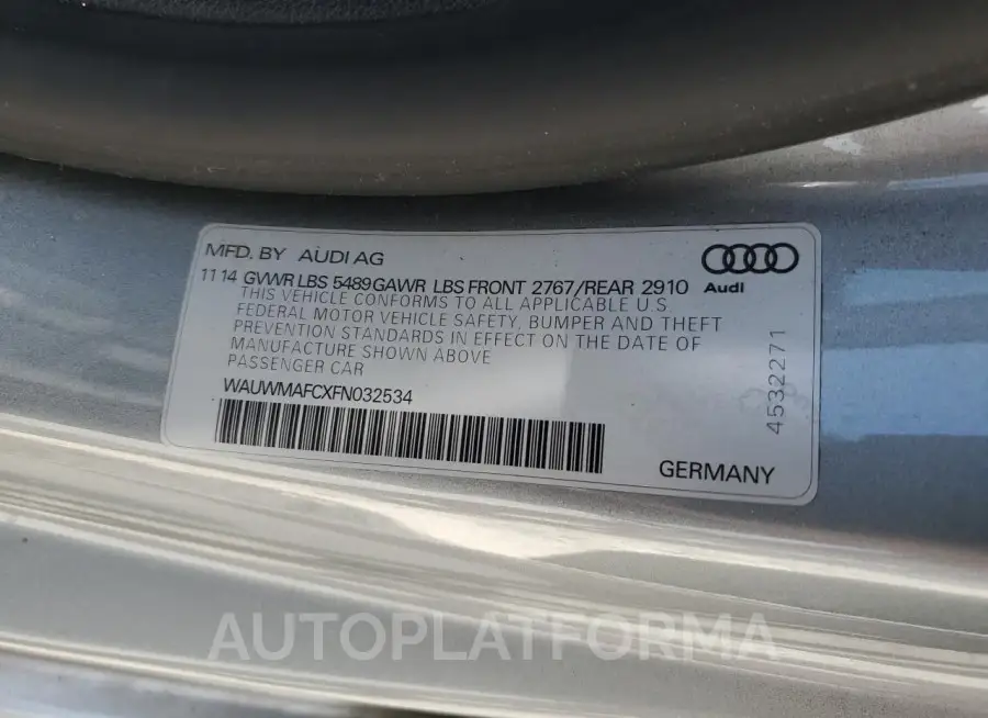 AUDI A7 PREMIUM 2015 vin WAUWMAFCXFN032534 from auto auction Copart