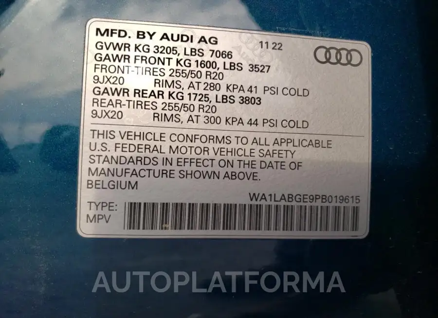 AUDI E-TRON PRE 2023 vin WA1LABGE9PB019615 from auto auction Copart