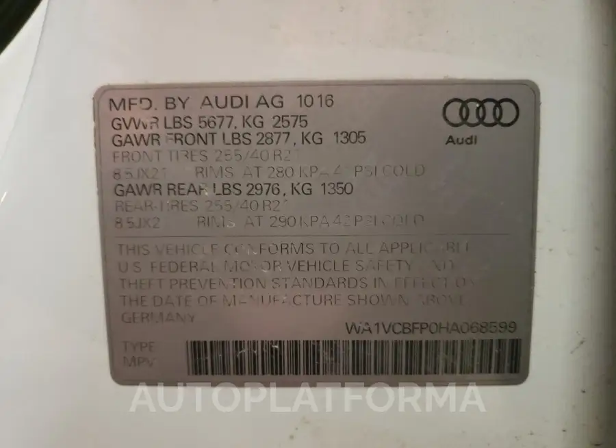 AUDI SQ5 PRESTI 2017 vin WA1VCBFP0HA068599 from auto auction Copart