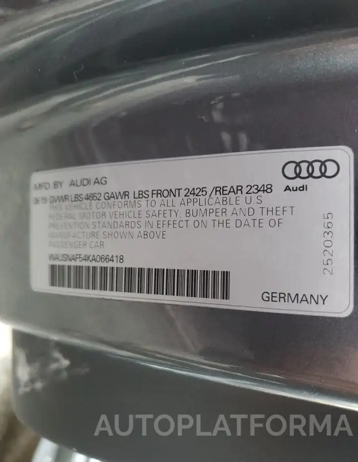 AUDI A5 PREMIUM 2019 vin WAUSNAF54KA066418 from auto auction Copart