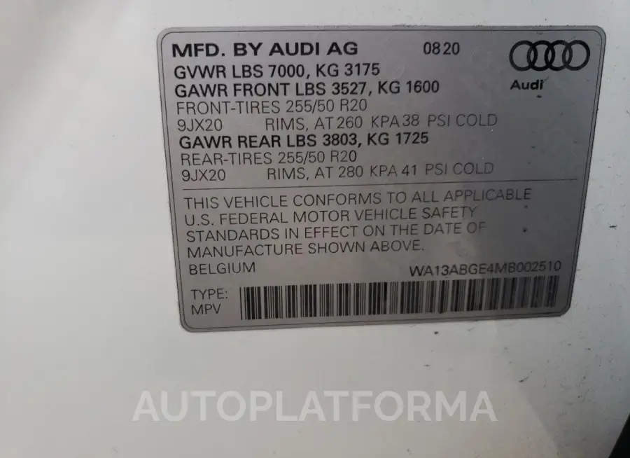 AUDI E-TRON SPO 2021 vin WA13ABGE4MB002510 from auto auction Copart