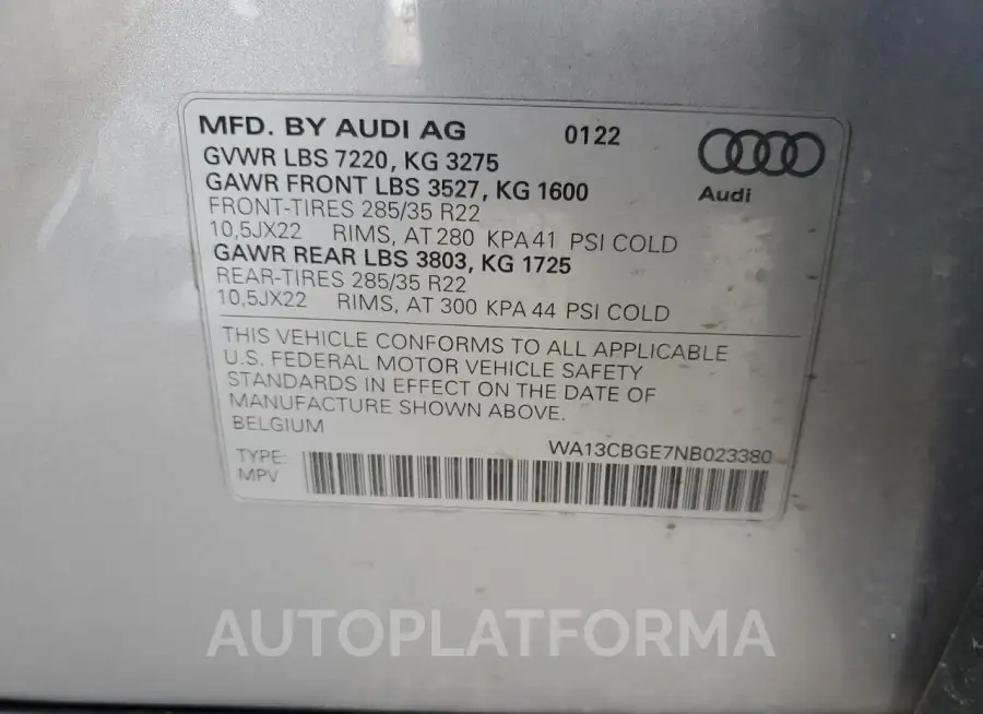 AUDI E-TRON S S 2022 vin WA13CBGE7NB023380 from auto auction Copart