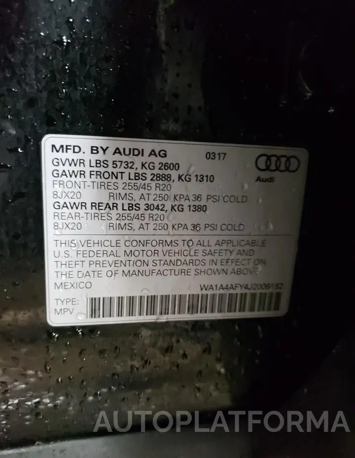 AUDI SQ5 PREMIU 2018 vin WA1A4AFY4J2009182 from auto auction Copart