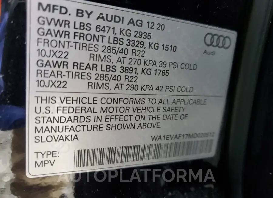 AUDI Q8 PREMIUM 2021 vin WA1EVAF17MD020512 from auto auction Copart