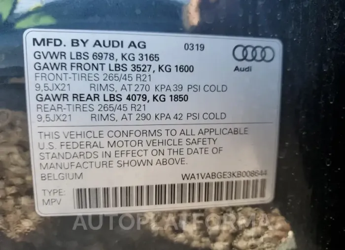 AUDI E-TRON PRE 2019 vin WA1VABGE3KB008644 from auto auction Copart