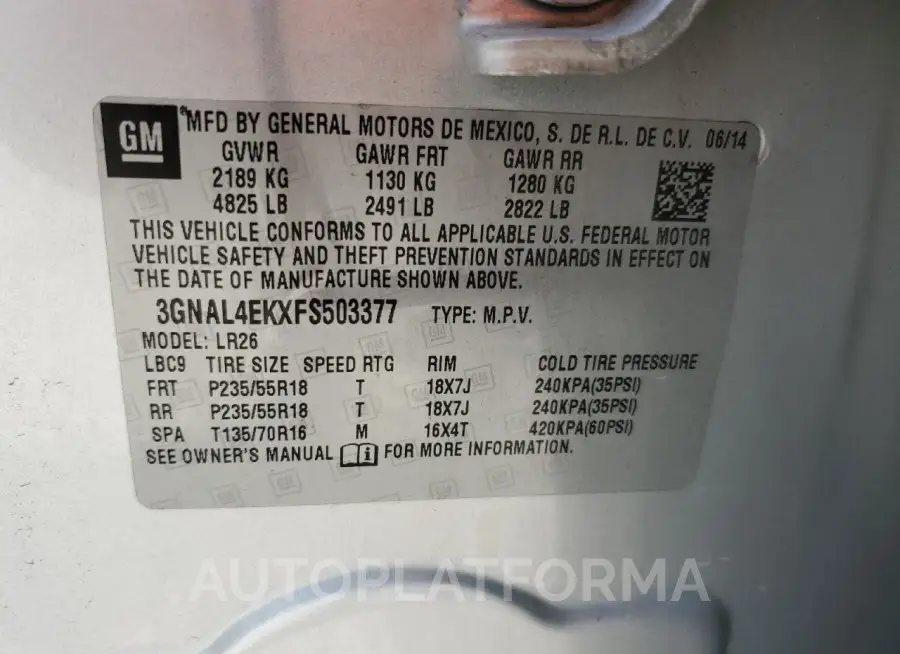 CHEVROLET CAPTIVA LT 2015 vin 3GNAL4EKXFS503377 from auto auction Copart