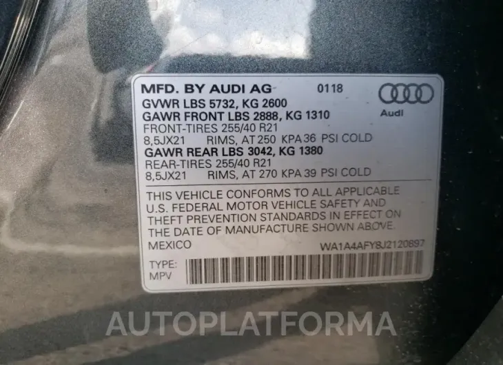 AUDI SQ5 PREMIU 2018 vin WA1A4AFY8J2120897 from auto auction Copart