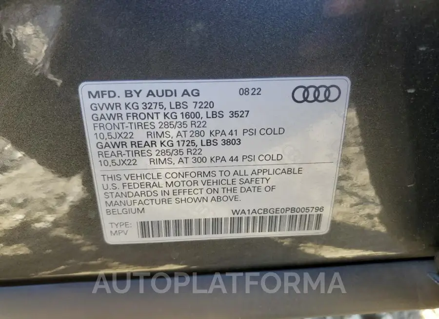 AUDI E-TRON S P 2023 vin WA1ACBGE0PB005796 from auto auction Copart