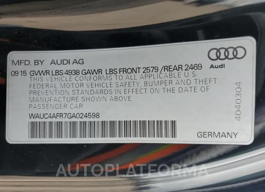 AUDI S5 PREMIUM 2016 vin WAUC4AFR7GA024598 from auto auction Copart