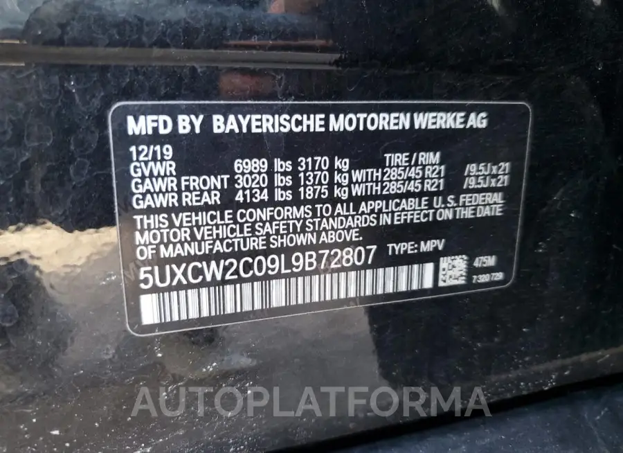 BMW X7 XDRIVE4 2020 vin 5UXCW2C09L9B72807 from auto auction Copart