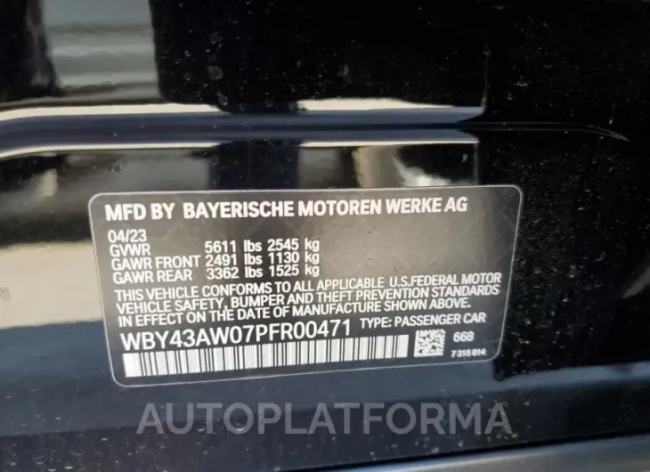 BMW I4 EDRIVE3 2023 vin WBY43AW07PFR00471 from auto auction Copart