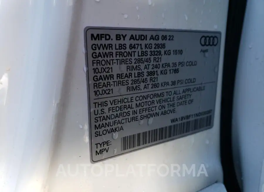 AUDI Q8 PREMIUM 2022 vin WA1BVBF11ND030267 from auto auction Copart