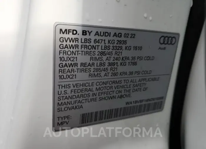 AUDI Q8 PREMIUM 2022 vin WA1BVBF16ND018308 from auto auction Copart