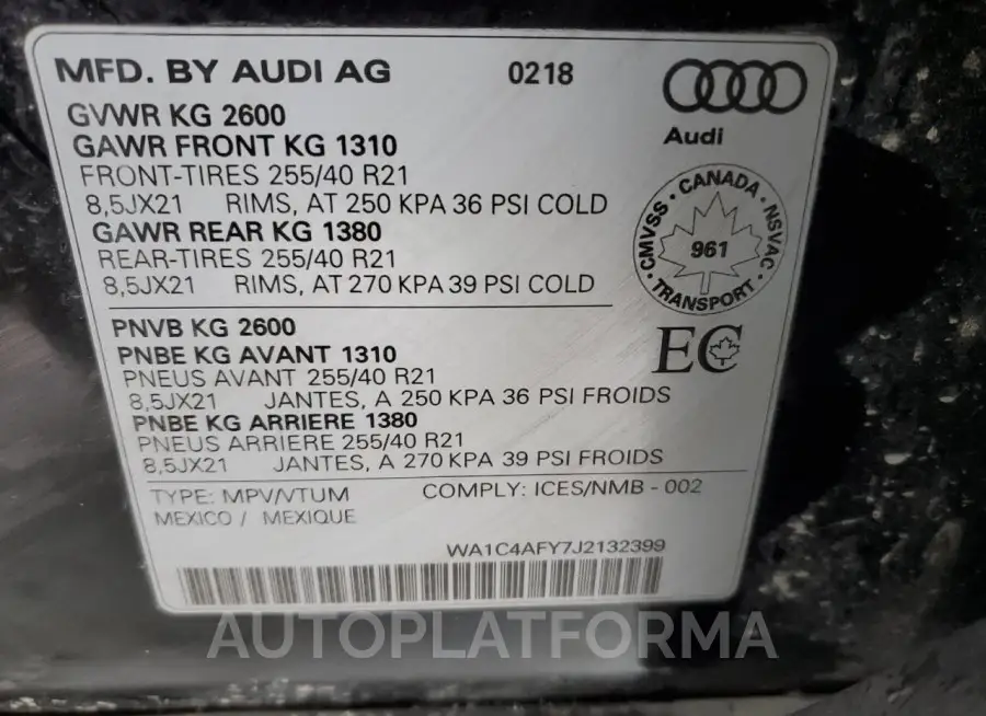 AUDI SQ5 PRESTI 2018 vin WA1C4AFY7J2132399 from auto auction Copart