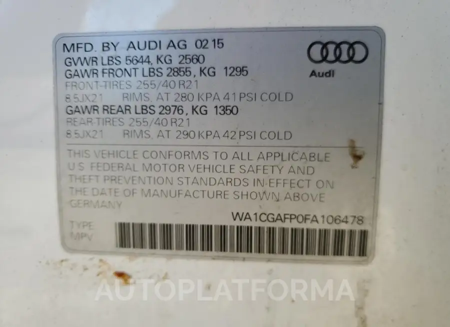 AUDI SQ5 PREMIU 2015 vin WA1CGAFP0FA106478 from auto auction Copart