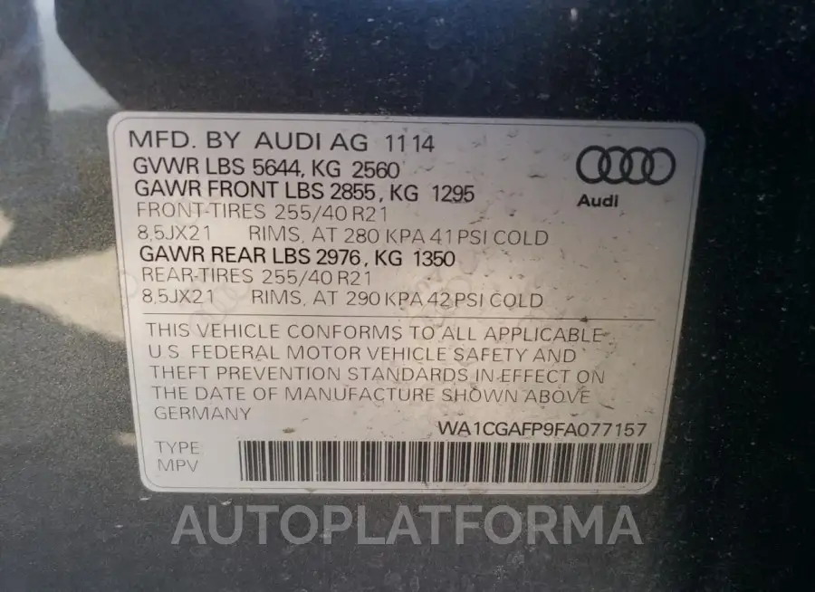 AUDI SQ5 PREMIU 2015 vin WA1CGAFP9FA077157 from auto auction Copart