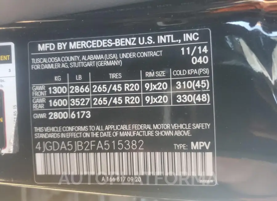 MERCEDES-BENZ ML 350 2015 vin 4JGDA5JB2FA515382 from auto auction Copart