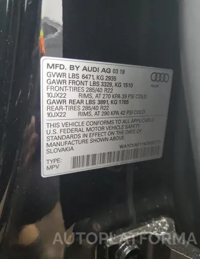 AUDI Q8 PRESTIG 2019 vin WA1CVAF11KD032272 from auto auction Copart