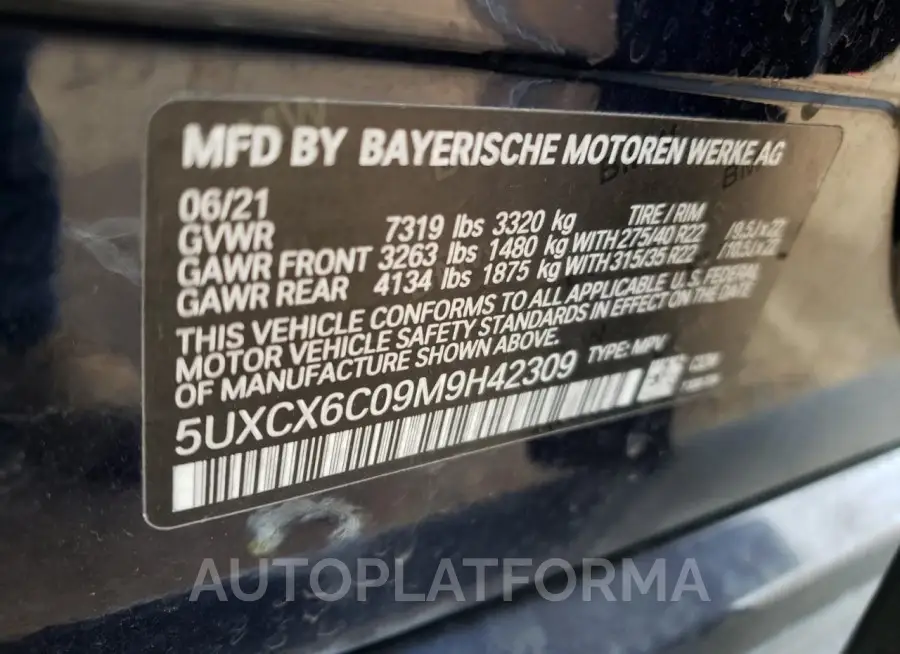 BMW X7 M50I 2021 vin 5UXCX6C09M9H42309 from auto auction Copart