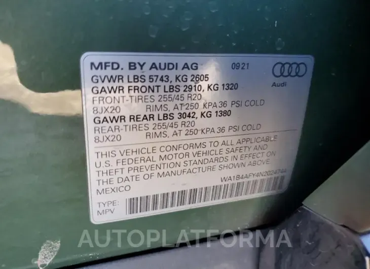 AUDI SQ5 PREMIU 2022 vin WA1B4AFY4N2024744 from auto auction Copart