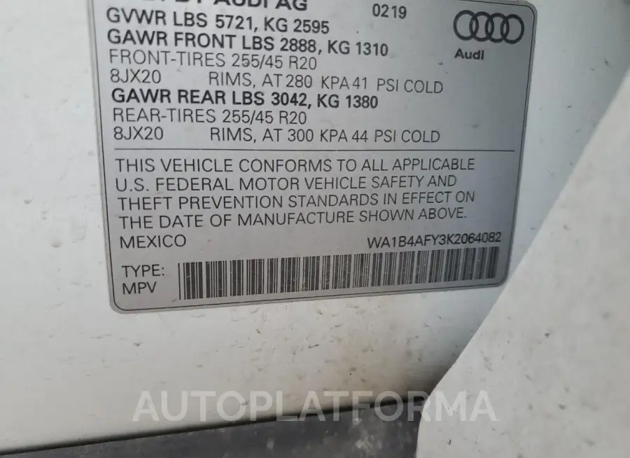 AUDI SQ5 PREMIU 2019 vin WA1B4AFY3K2064082 from auto auction Copart