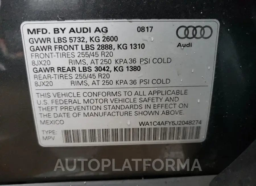 AUDI SQ5 PRESTI 2018 vin WA1C4AFY5J2048274 from auto auction Copart