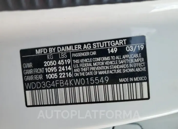 MERCEDES-BENZ A 220 4MAT 2019 vin WDD3G4FB4KW015549 from auto auction Copart