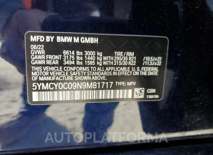 BMW X6 M 2022 vin 5YMCY0C09N9M81717 from auto auction Copart