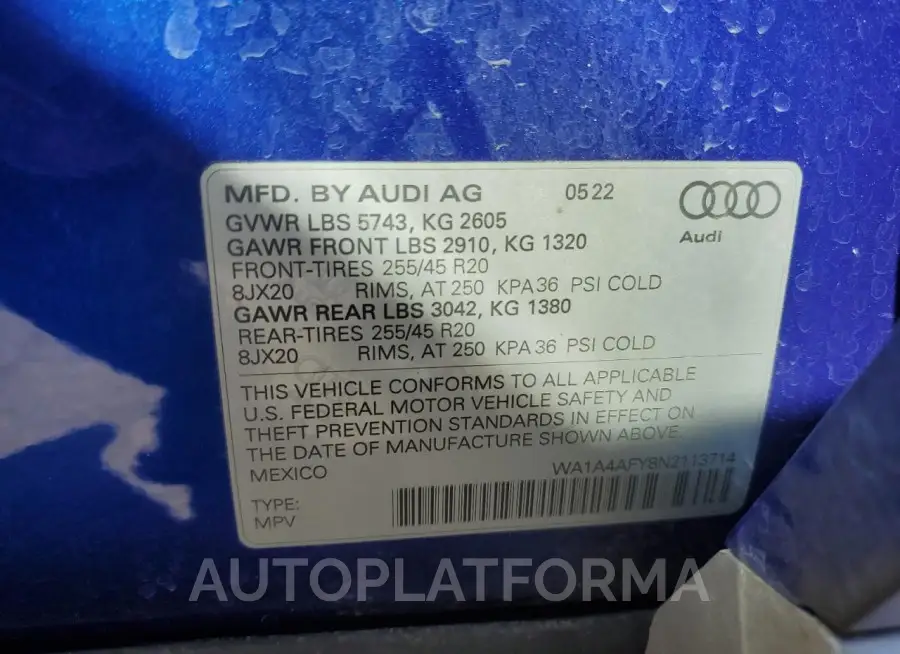 AUDI SQ5 PREMIU 2022 vin WA1A4AFY8N2113714 from auto auction Copart