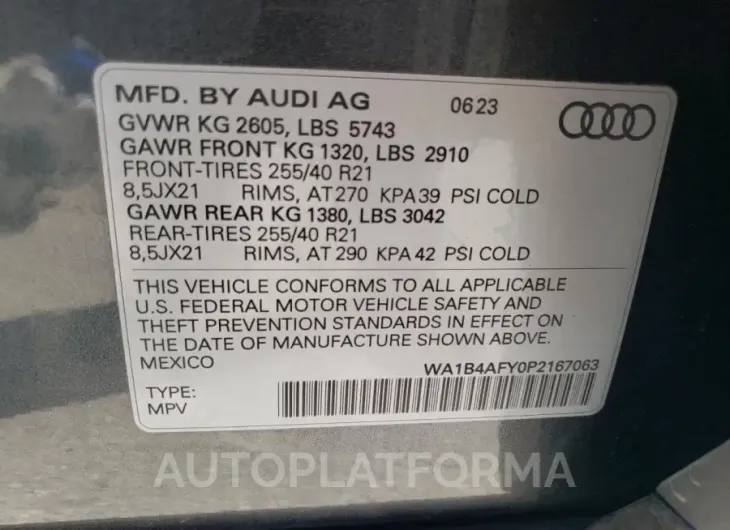 AUDI SQ5 PREMIU 2023 vin WA1B4AFY0P2167063 from auto auction Copart