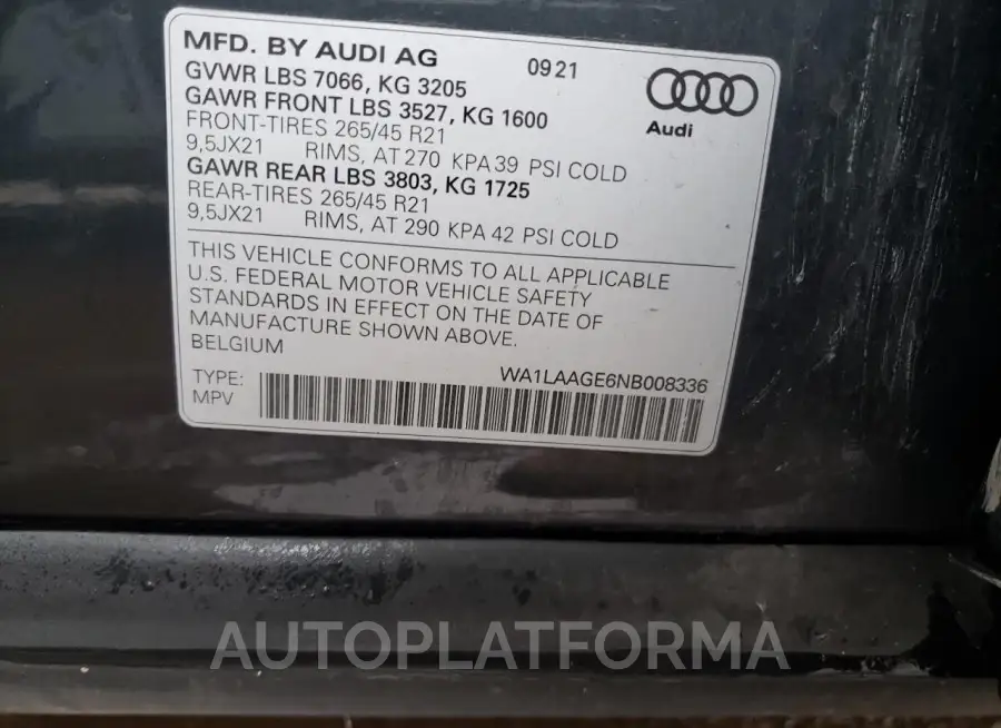 AUDI E-TRON PRE 2022 vin WA1LAAGE6NB008336 from auto auction Copart