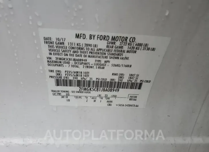 FORD FLEX SEL 2018 vin 2FMGK5C81JBA08949 from auto auction Copart