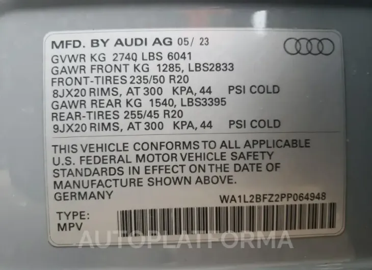 AUDI Q4 E-TRON 2023 vin WA1L2BFZ2PP064948 from auto auction Copart