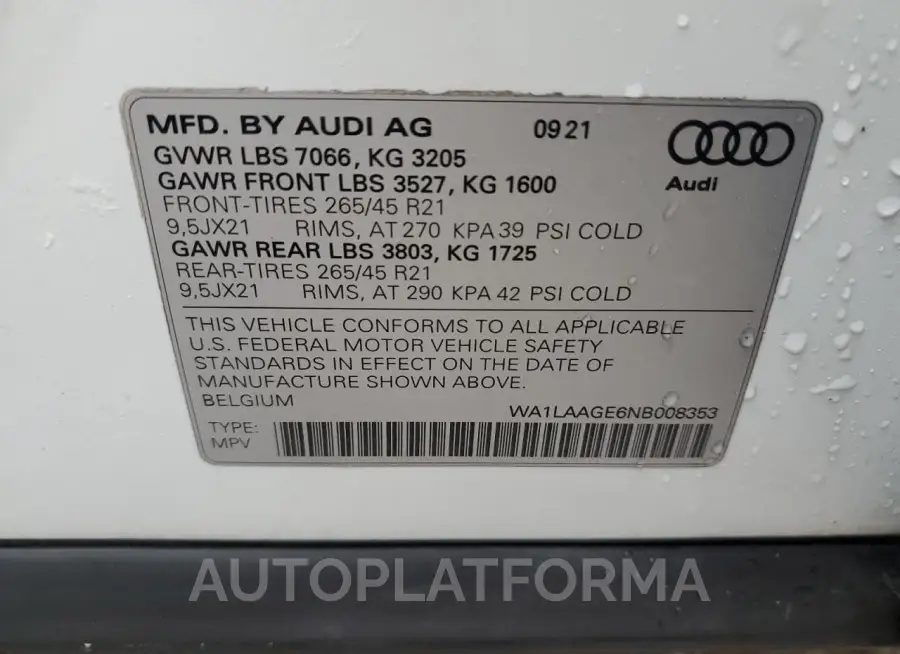 AUDI E-TRON PRE 2022 vin WA1LAAGE6NB008353 from auto auction Copart