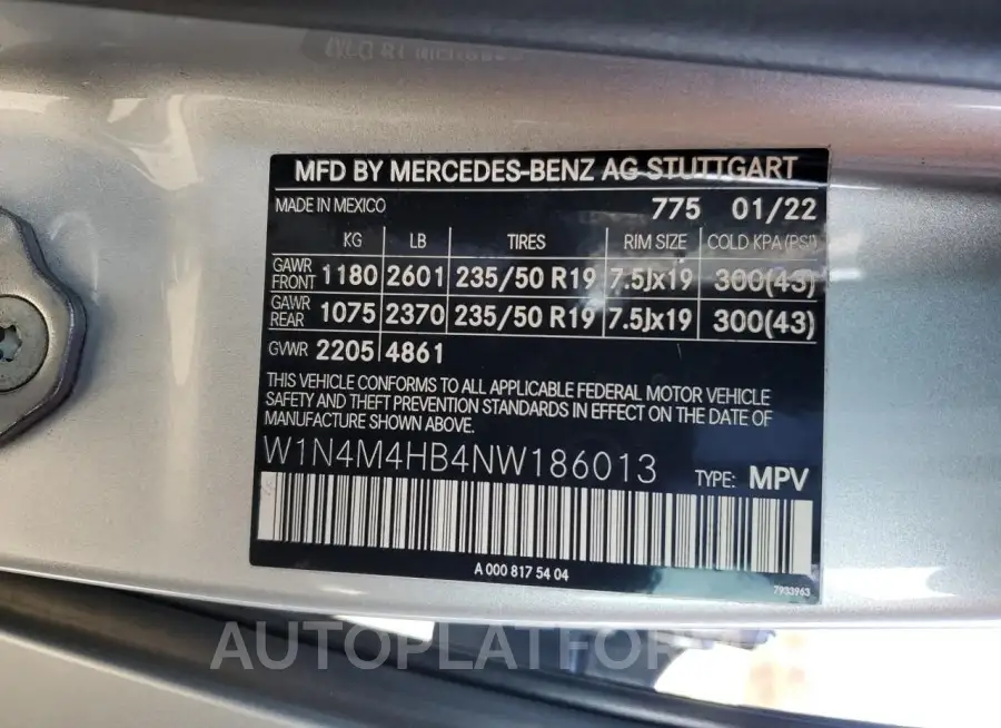 MERCEDES-BENZ GLB 250 4M 2022 vin W1N4M4HB4NW186013 from auto auction Copart