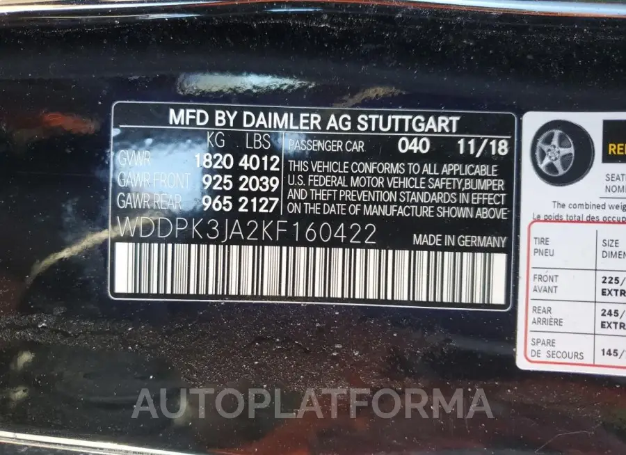 MERCEDES-BENZ SLC 300 2019 vin WDDPK3JA2KF160422 from auto auction Copart