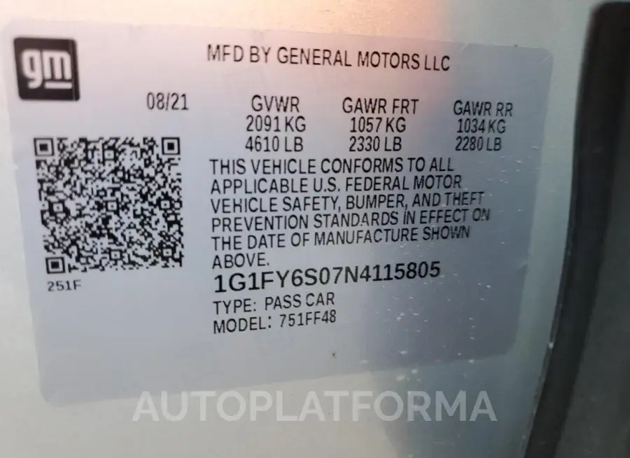 CHEVROLET BOLT EUV L 2022 vin 1G1FY6S07N4115805 from auto auction Copart