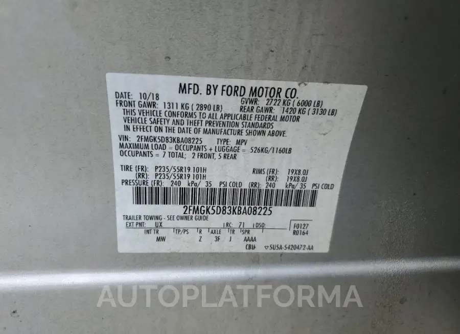 FORD FLEX LIMIT 2019 vin 2FMGK5D83KBA08225 from auto auction Copart