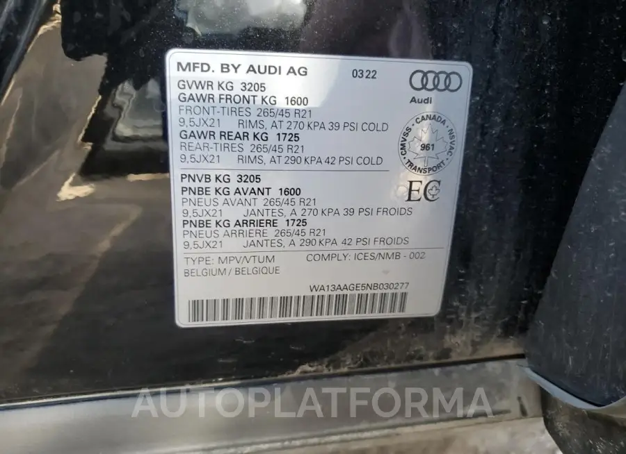 AUDI E-TRON SPO 2022 vin WA13AAGE5NB030277 from auto auction Copart