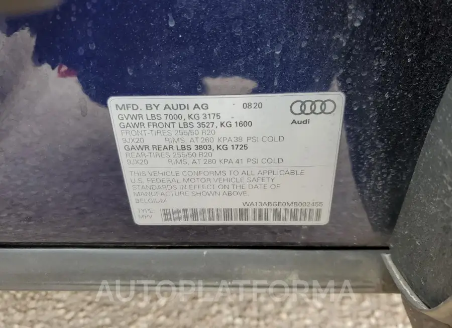 AUDI E-TRON SPO 2021 vin WA13ABGE0MB002455 from auto auction Copart