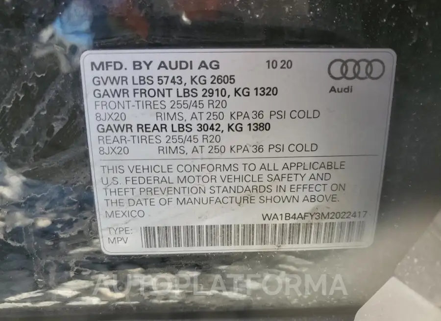 AUDI SQ5 PREMIU 2021 vin WA1B4AFY3M2022417 from auto auction Copart