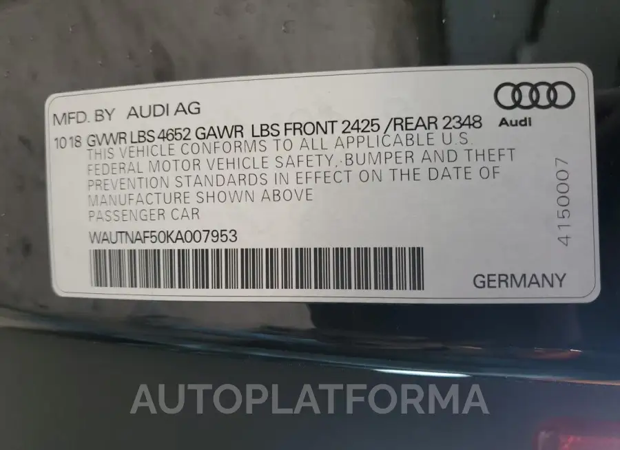 AUDI A5 PREMIUM 2019 vin WAUTNAF50KA007953 from auto auction Copart