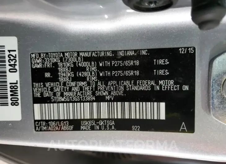 TOYOTA SEQUOIA SR 2016 vin 5TDBW5G13GS133894 from auto auction Copart