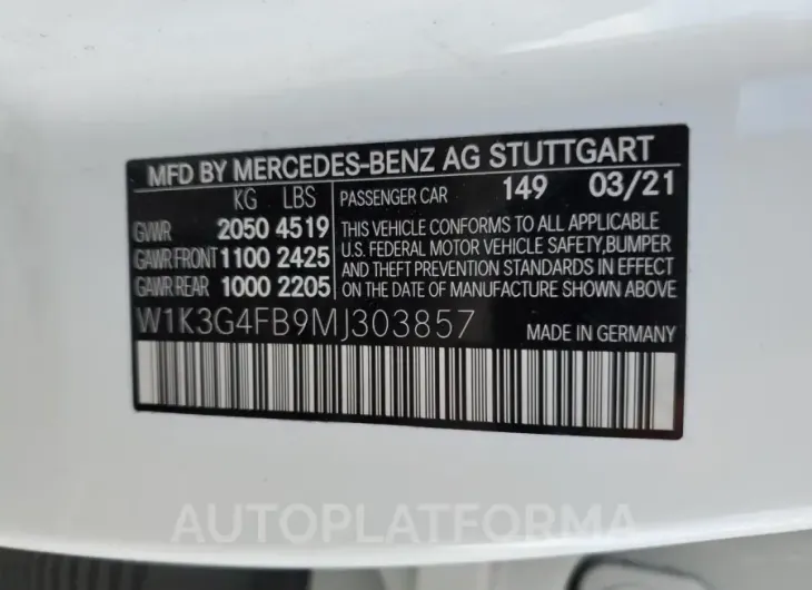 MERCEDES-BENZ A 220 4MAT 2021 vin W1K3G4FB9MJ303857 from auto auction Copart