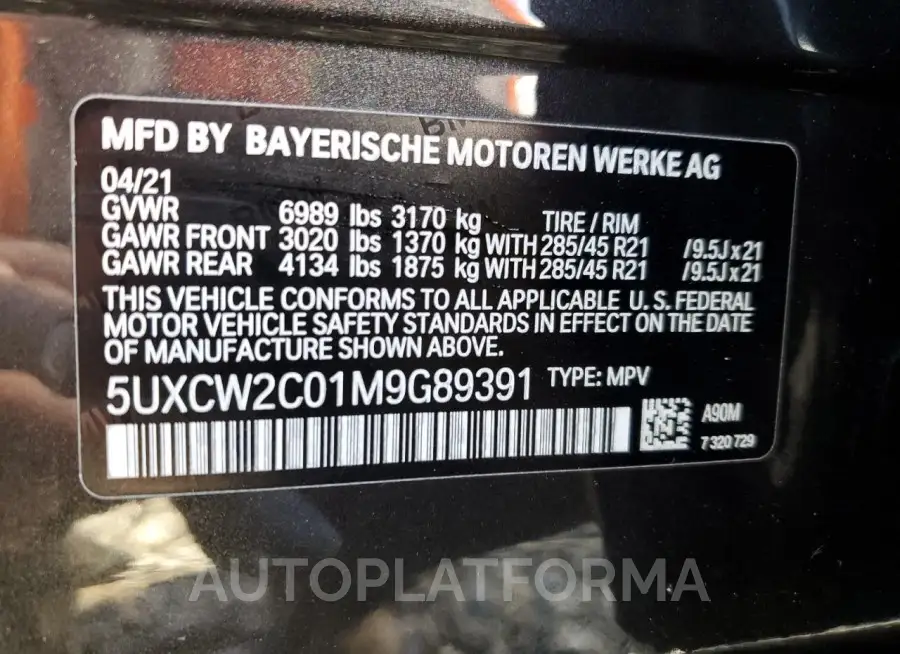 BMW X7 XDRIVE4 2021 vin 5UXCW2C01M9G89391 from auto auction Copart