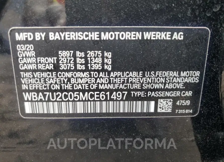 BMW 750 XI 2021 vin WBA7U2C05MCE61497 from auto auction Copart