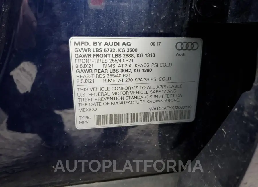 AUDI SQ5 PRESTI 2018 vin WA1C4AFYXJ2060419 from auto auction Copart