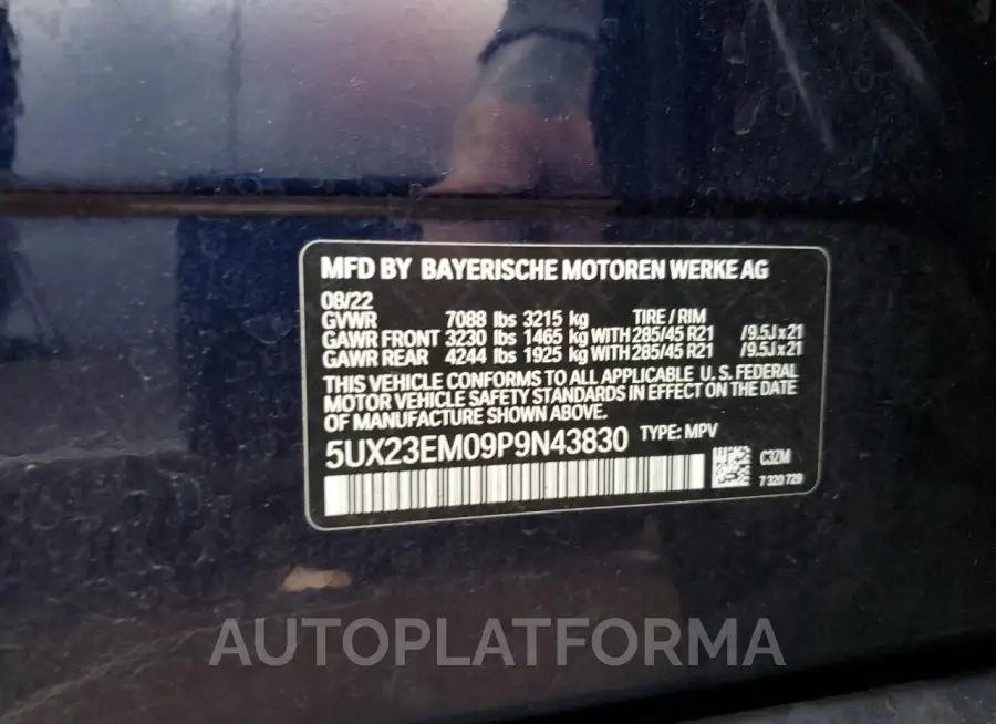 BMW X7 XDRIVE4 2023 vin 5UX23EM09P9N43830 from auto auction Copart