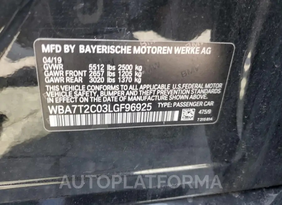 BMW 740 I 2020 vin WBA7T2C03LGF96925 from auto auction Copart