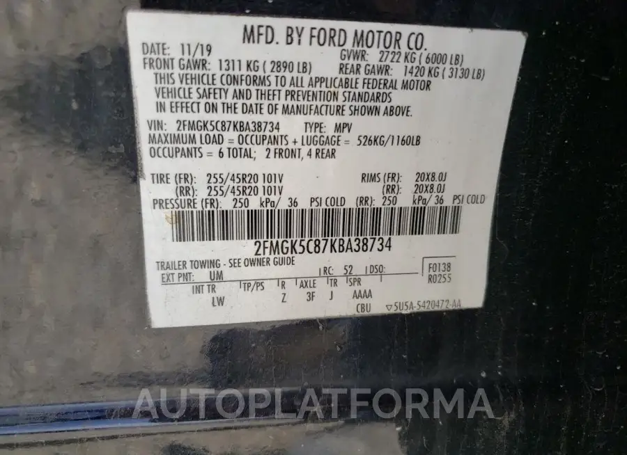 FORD FLEX SEL 2019 vin 2FMGK5C87KBA38734 from auto auction Copart